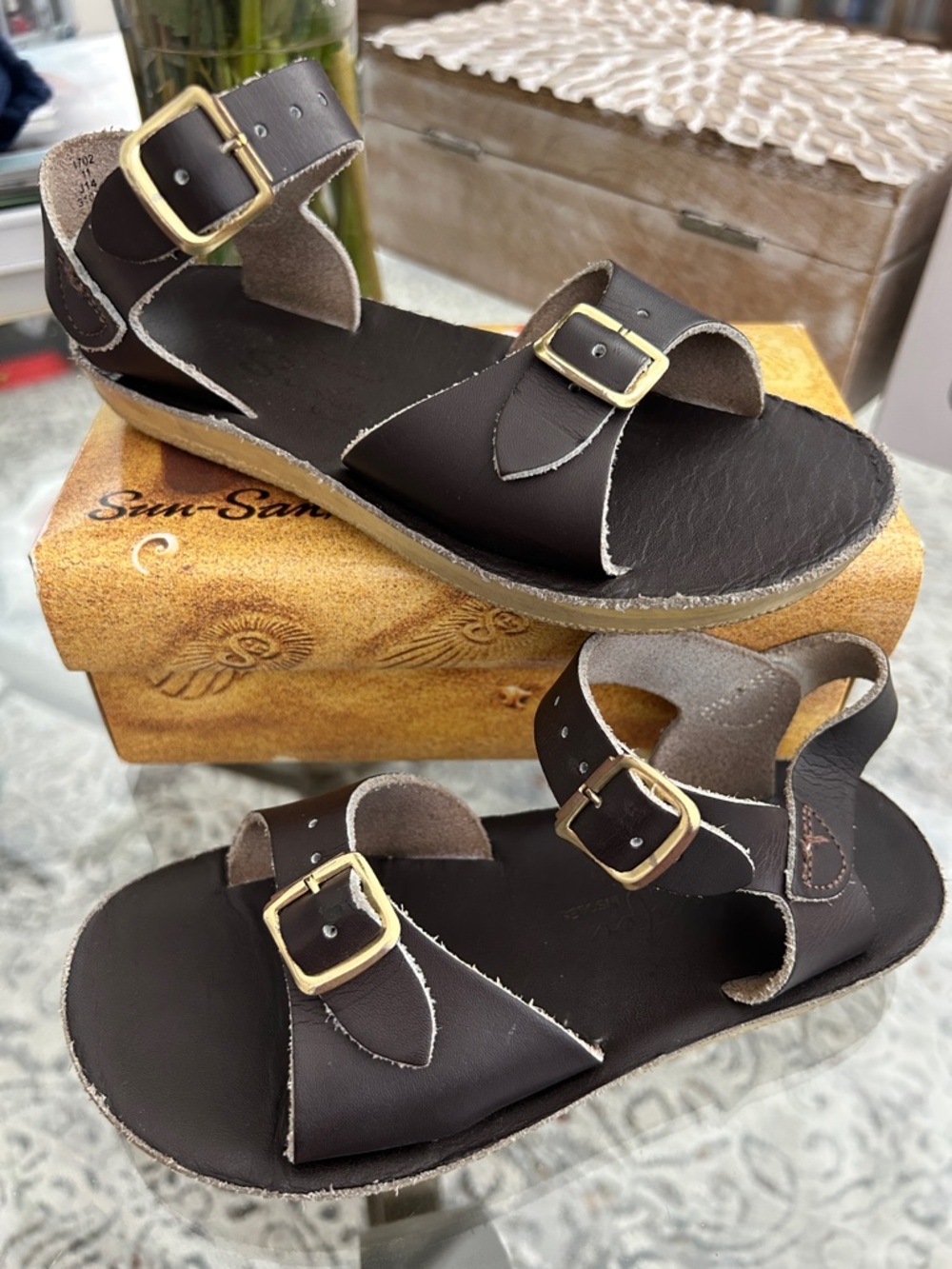 Children's Dark Brown Buckle Sandals with Gold Hardware